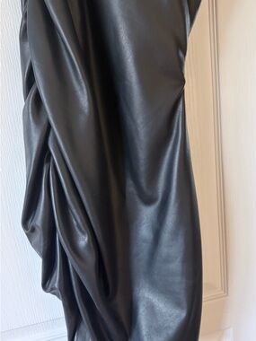 Black Asymmetrical Faux Leather Draped Dress